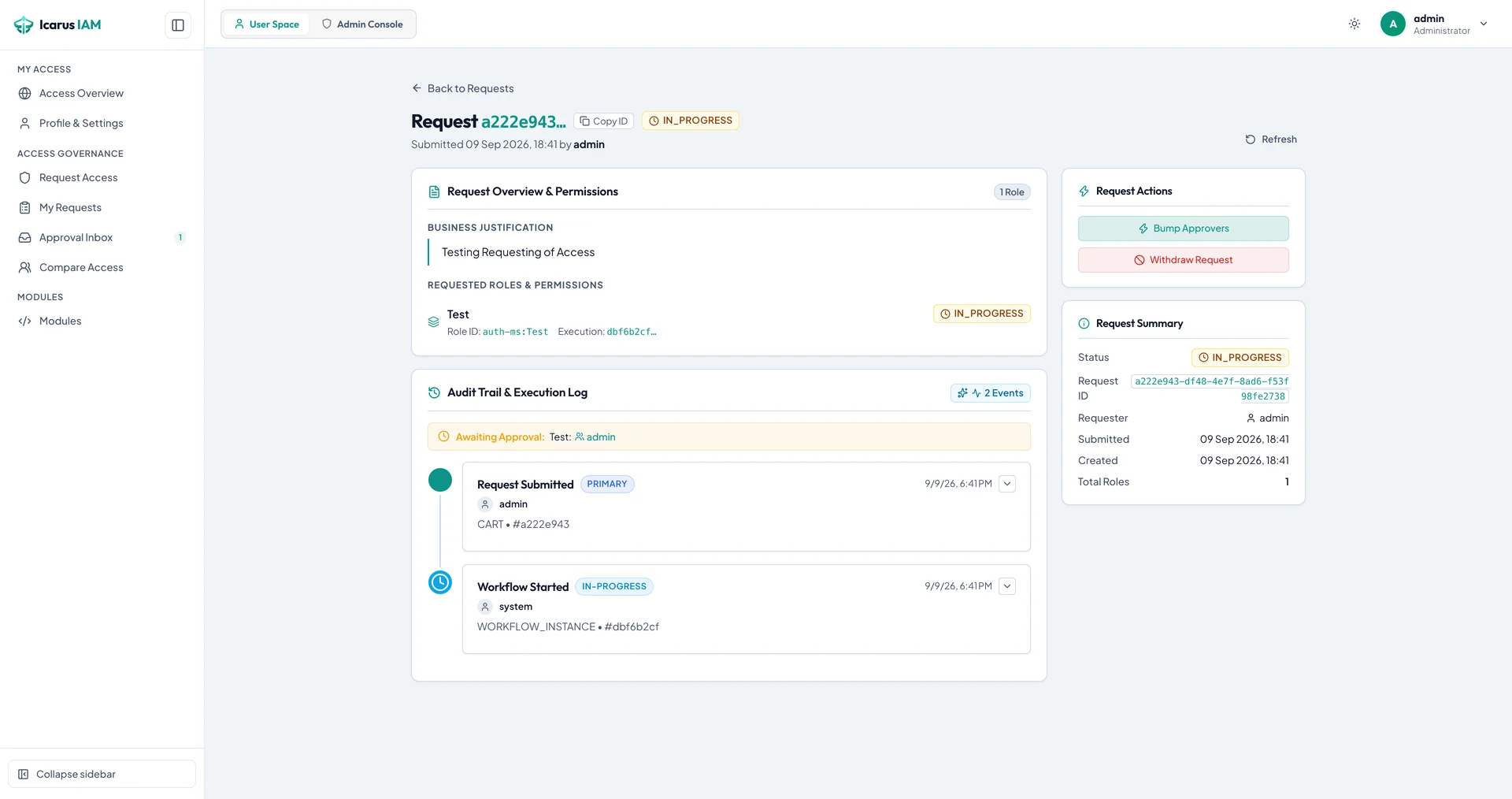 IcarusIAM - Maker-Checker Request Lifecycle & Audit Trail